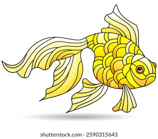 Stained glass illustration with bright goldfish on a white background 
