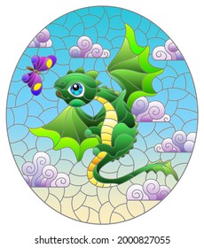 Stained glass illustration with bright green cartoon dragon against a cloudy blue cloudy  sky, oval image