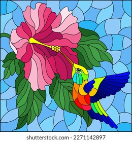 Eine farbige Glasgrafik mit einem hellen Kolibris und einer Hibiskus-Blume auf blauem Hintergrund