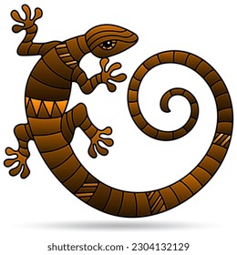 A stained glass illustration with a bright lizard, an animal isolated on a white background, tone brown