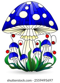 Stained glass illustration with bright mushroom , mushroom isolated on a white background