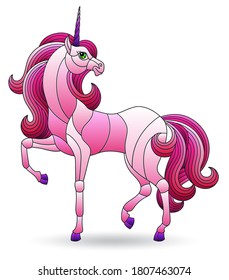 A stained glass illustration with a bright pink unicorn isolated on a white background