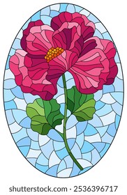 Ilustración de vitrales con una flor de amapola brillante sobre un fondo de cielo azul