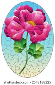 Ilustración de vitrales con una flor de amapola brillante sobre un fondo de cielo azul