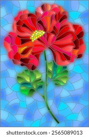 Stained glass illustration with a bright poppy flower on a blue sky background