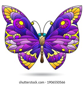 A stained glass illustration with a bright purple butterfly, an insect isolated on a white background