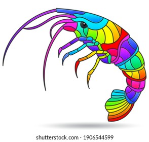 A stained glass illustration with a bright rainbow shrimp, an animal isolated on a white background