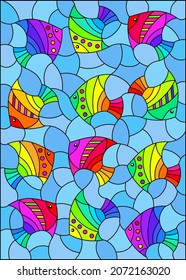 Stained glass illustration with bright rainbow fish on a blue background, rectangular image