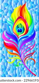 Stained glass illustration with a bright rainbow peacock feather on a blue background, rectangular image