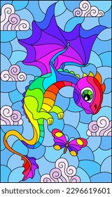 Stained glass illustration with bright rainbow cartoon dragon against a cloudy blue cloudy  sky, rectangular image