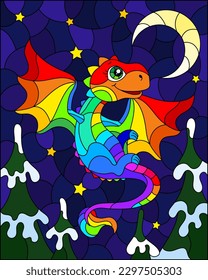 Stained glass illustration with bright rainbow cartoon dragon against a night blue and stars, rectangular image