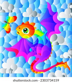 Stained glass illustration with bright rainbow cartoon dragon against a cloudy blue cloudy  sky, rectangular image