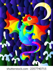 Stained glass illustration with bright rainbow cartoon dragon against a night blue and stars, rectangular image