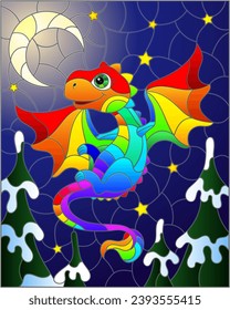 Stained glass illustration with bright rainbow cartoon dragon against a night blue and stars, rectangular image