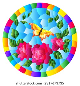 Stained glass illustration with bright red roses and butterfly flowers on a blue sky background, round image in a bright frame