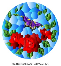 Stained glass illustration with bright red roses and butterfly flowers on a blue sky background, round image