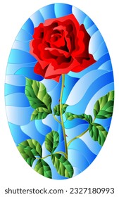 Stained glass illustration with a bright red rose flower on a blue sky background, oval image