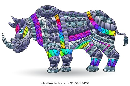 A stained glass illustration with a bright rhinoceros, the animal isolated on a white background