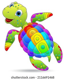 Stained glass illustration with a bright turtle, an animal isolated on a white background