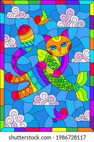 A stained glass illustration with a cartoon cat hugging a fish against a cloudy sky, a rectangular image in a bright frame