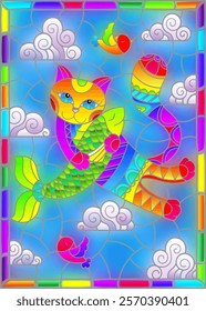 A stained glass illustration with a cartoon cat hugging a fish against a cloudy sky, a rectangular image in a bright frame