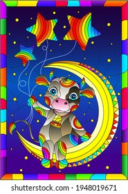 Stained glass illustration with a cartoon cute cow on the moon with balloons, a rectangular image in a bright frame