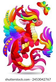 Stained glass illustration with a cartoon dragon, animal isolated on a white background