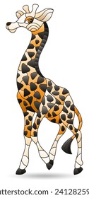 Stained glass illustration with cartoon giraffe, animal isolated on a white background, tone brown