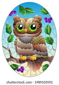 Stained glass illustration with cartoon owl against a blue sky and berries, in a bright frame, oval image