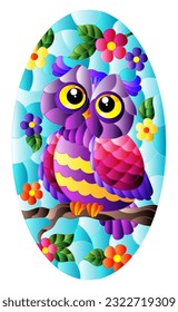 Stained glass illustration with cartoon owl against a blue sky and flowers, in a bright frame, oval image