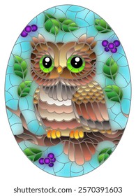 Stained glass illustration with cartoon owl against a blue sky and berries, in a bright frame, oval image