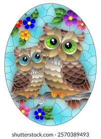 Stained glass illustration with  cartoon owls against a blue sky and flowers, in a bright frame, oval image