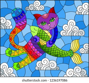 Stained glass illustration of a cartoon rainbow cat hugging a fish on the background of sky and clouds
