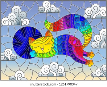 Stained glass illustration of a cartoon rainbow cat hugging a ball of yarn on the background of sky and clouds