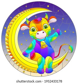 Stained glass illustration with a cartoon rainbow cute cow on a night sky background , round image