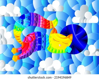 Stained glass illustration of a cartoon rainbow cat hugging a ball of yarn on the background of sky and clouds