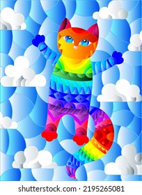 Stained glass illustration with cartoon rainbow cat on the background of the sky and clouds