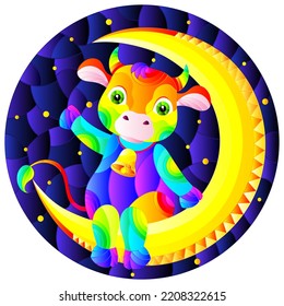 Stained glass illustration with a cartoon rainbow cute cow on a night sky background , round image