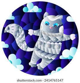 Stained glass illustration with cartoon rainbow cat on the background of the night sky and clouds, oval image 