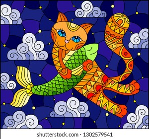 Stained glass illustration of a cartoon red  cat hugging a fish on the background of  starry sky and clouds