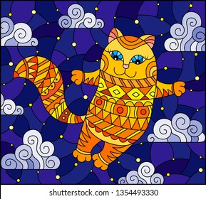 Stained glass illustration of a cartoon red  cat  on the background of  starry sky and clouds