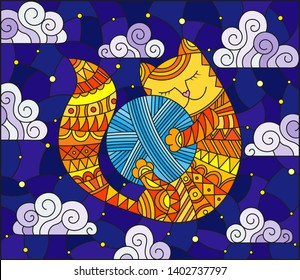 Stained glass illustration of a cartoon red cat hugging a ball of yarn on the background of starry sky and clouds