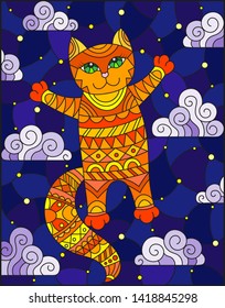 Stained glass illustration of a cartoon red  cat  on the background of  starry sky and clouds