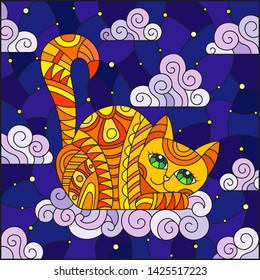 Stained glass illustration of a cartoon red  cat  on the background of  starry sky and clouds