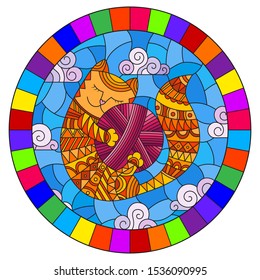 Stained glass illustration of a cartoon red cat hugging a ball of yarn on the background of sky and clouds, round image in bright frame