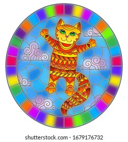 Stained glass illustration with cartoon red cat on the background of the sky and clouds, oval image in bright frame