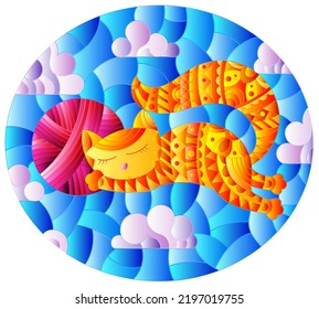 Stained glass illustration of a cartoon red cat hugging a ball of pink yarn on the background of sky and clouds, oval image in bright frame