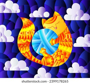 Stained glass illustration of a cartoon red cat hugging a ball of yarn on the background of starry sky and clouds