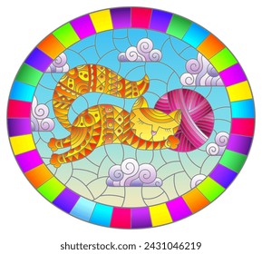 Stained glass illustration of a cartoon red cat hugging a ball of pink yarn on the background of sky and clouds, oval image in bright frame
