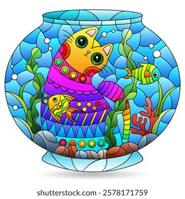 Stained glass illustration with cat and an aquarium, animal isolated on a white background